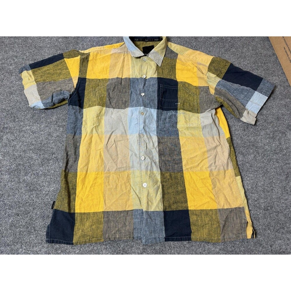 Sean John Shirt Mens L Yellow Blue Plaid Short Sleeve Linen Cotton Button-Up